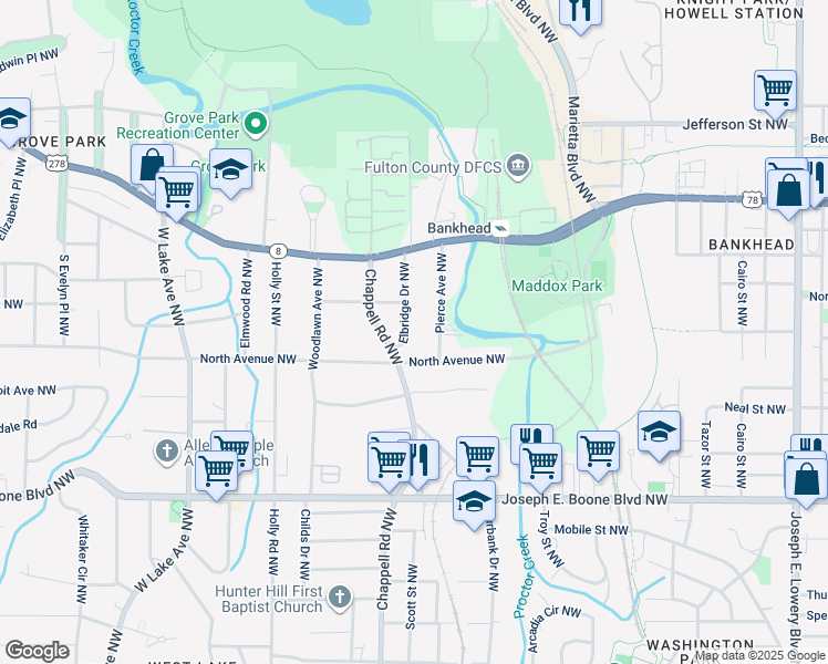 map of restaurants, bars, coffee shops, grocery stores, and more near 517 Elbridge Drive Northwest in Atlanta
