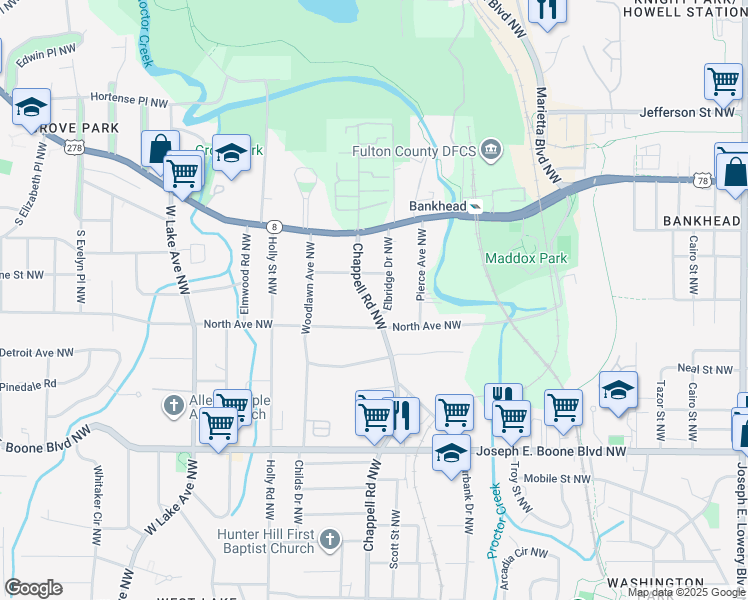 map of restaurants, bars, coffee shops, grocery stores, and more near 523 Chappell Road Northwest in Atlanta