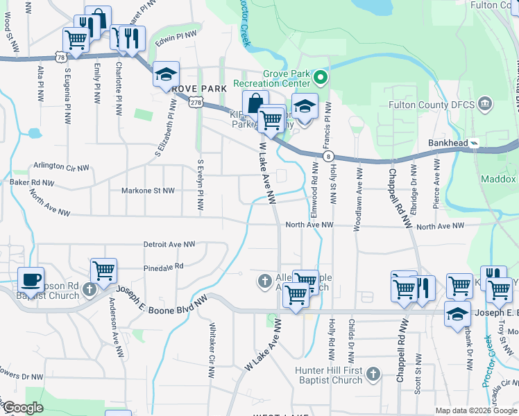 map of restaurants, bars, coffee shops, grocery stores, and more near 1666 Thoms Drive Northwest in Atlanta