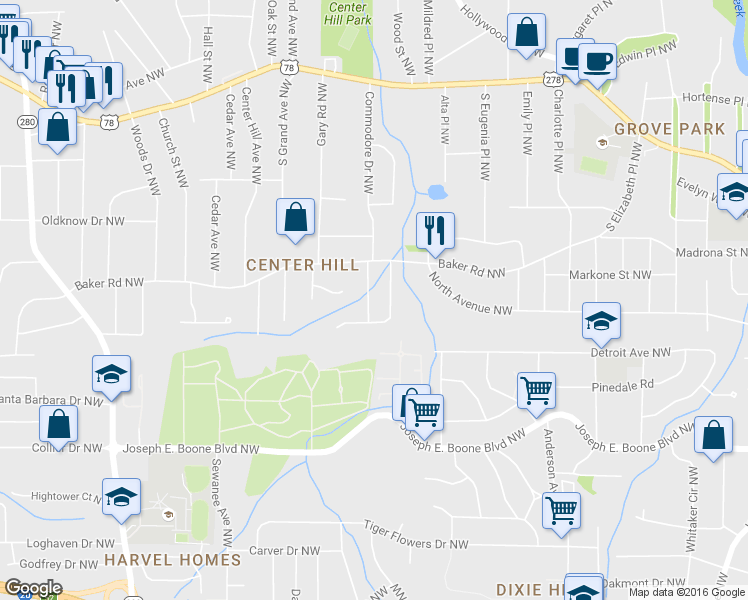 map of restaurants, bars, coffee shops, grocery stores, and more near 501 Aberdeen Drive Northwest in Atlanta