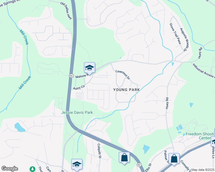 map of restaurants, bars, coffee shops, grocery stores, and more near 6526 Snowbird Lane in Douglasville