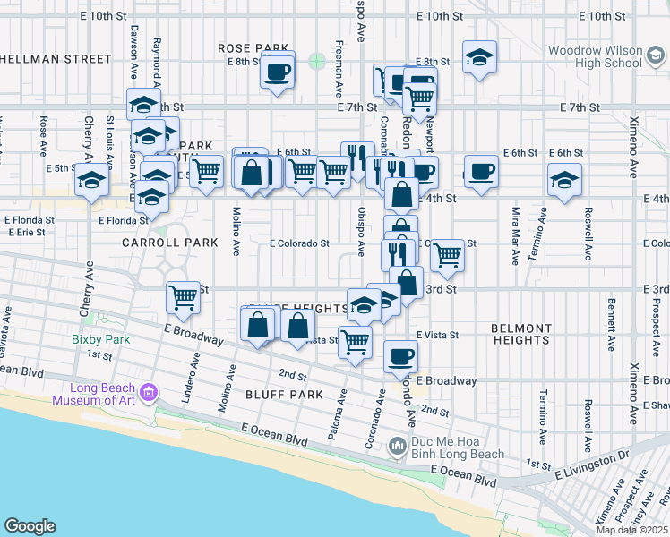 map of restaurants, bars, coffee shops, grocery stores, and more near 317 North Winnipeg Place in Long Beach