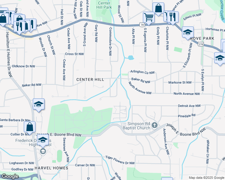 map of restaurants, bars, coffee shops, grocery stores, and more near 501 Aberdeen Drive Northwest in Atlanta