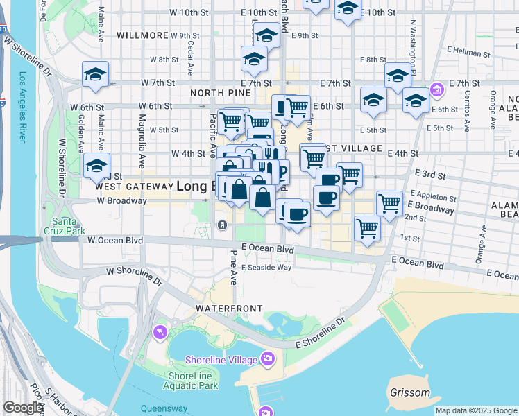 map of restaurants, bars, coffee shops, grocery stores, and more near 150 The Promenade North in Long Beach