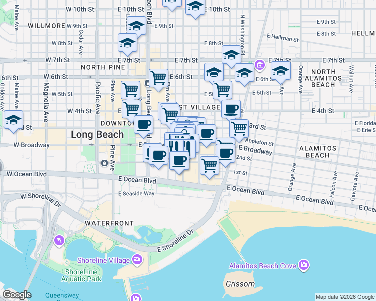 map of restaurants, bars, coffee shops, grocery stores, and more near 140 Linden Avenue in Long Beach
