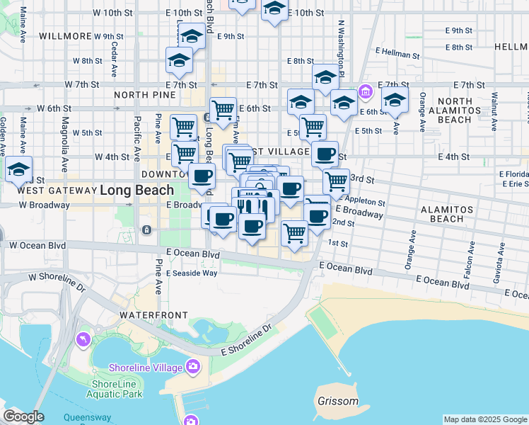 map of restaurants, bars, coffee shops, grocery stores, and more near 140 Linden Avenue in Long Beach