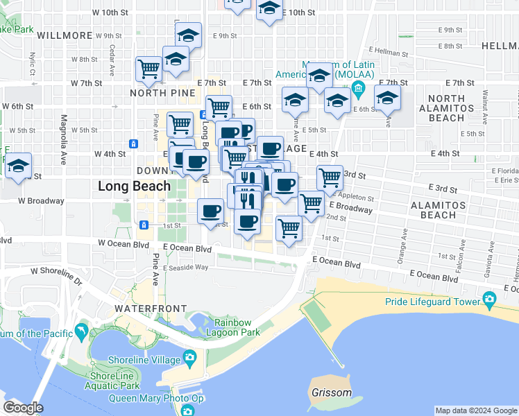 map of restaurants, bars, coffee shops, grocery stores, and more near 449 Linden Avenue in Long Beach