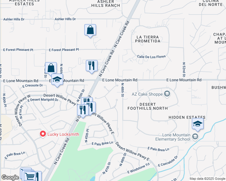 map of restaurants, bars, coffee shops, grocery stores, and more near 4727 East Chaparosa Way in Cave Creek