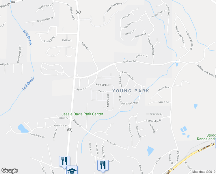 map of restaurants, bars, coffee shops, grocery stores, and more near 6515 Snowbird Lane in Douglasville