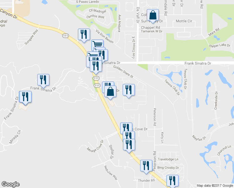map of restaurants, bars, coffee shops, grocery stores, and more near Braemar Drive in Rancho Mirage