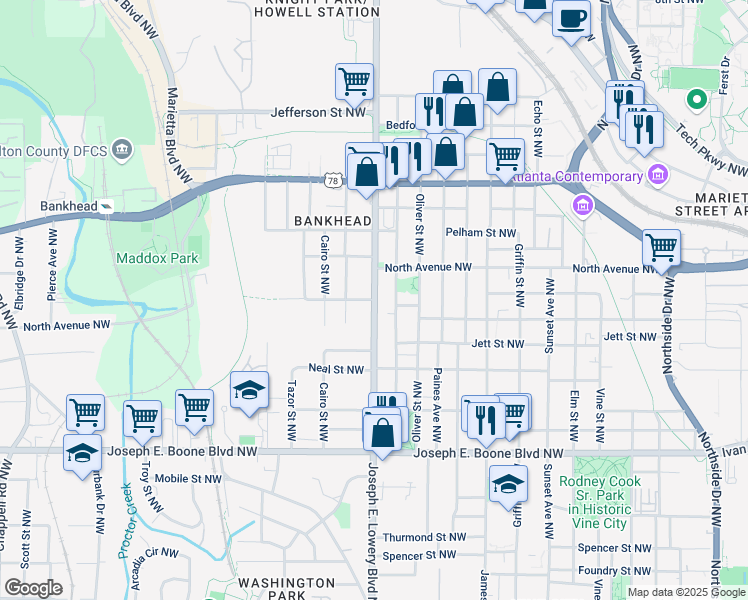 map of restaurants, bars, coffee shops, grocery stores, and more near Joseph E. Lowery Boulevard Northwest in Atlanta