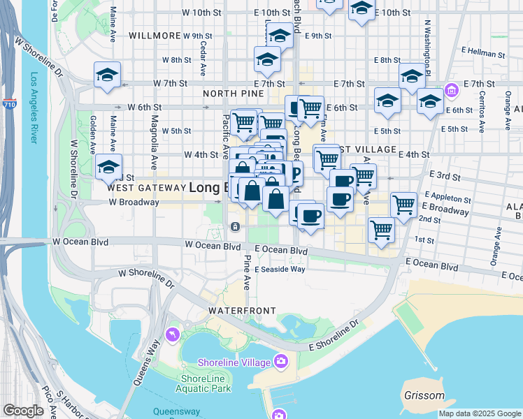 map of restaurants, bars, coffee shops, grocery stores, and more near in Long Beach