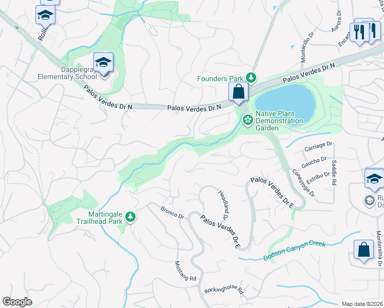 map of restaurants, bars, coffee shops, grocery stores, and more near 55 Cayuse Lane in Rancho Palos Verdes