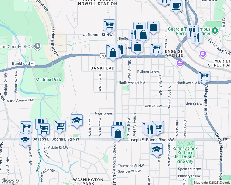 map of restaurants, bars, coffee shops, grocery stores, and more near Joseph E. Lowery Boulevard Northwest in Atlanta