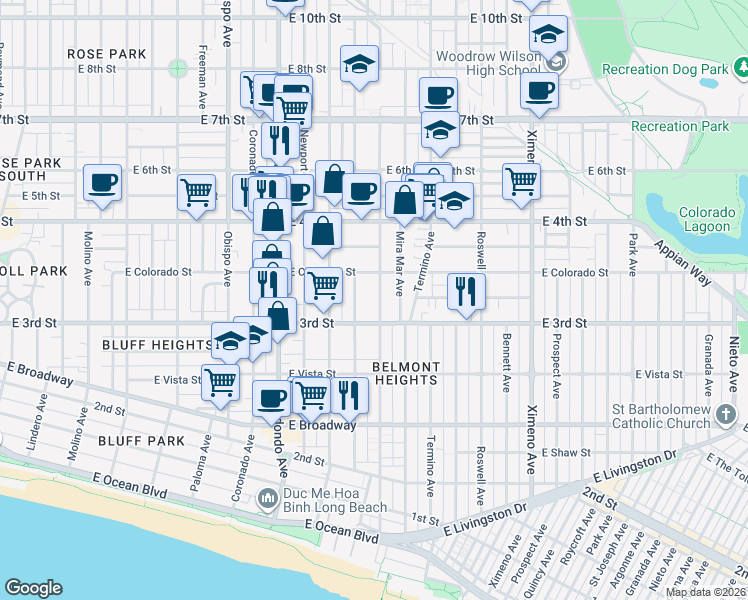 map of restaurants, bars, coffee shops, grocery stores, and more near 336 Euclid Avenue in Long Beach