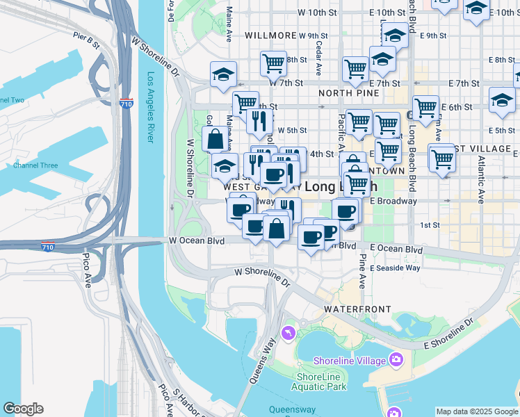 map of restaurants, bars, coffee shops, grocery stores, and more near 505 West Broadway in Long Beach