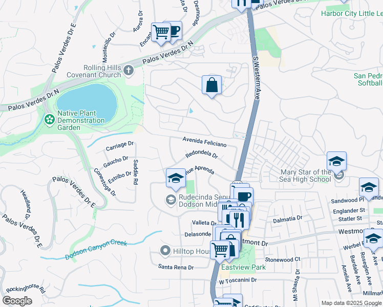 map of restaurants, bars, coffee shops, grocery stores, and more near Redondela Drive in Rancho Palos Verdes