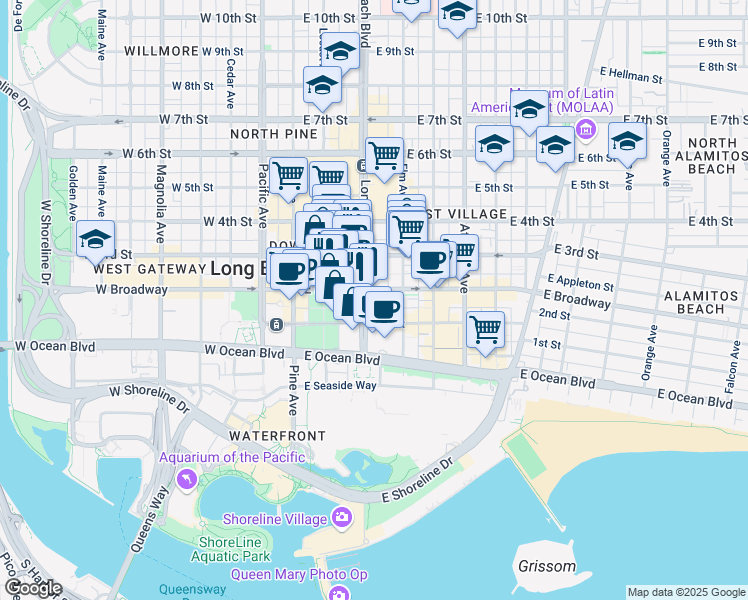 map of restaurants, bars, coffee shops, grocery stores, and more near 150 Long Beach Boulevard in Long Beach