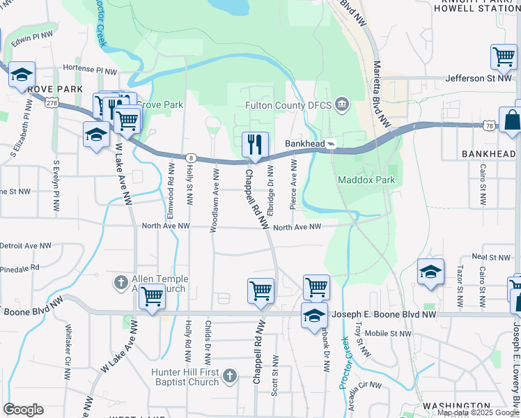 map of restaurants, bars, coffee shops, grocery stores, and more near 523 Chappell Road Northwest in Atlanta