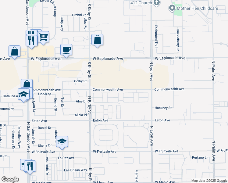 map of restaurants, bars, coffee shops, grocery stores, and more near 1250 North Kirby Street in Hemet