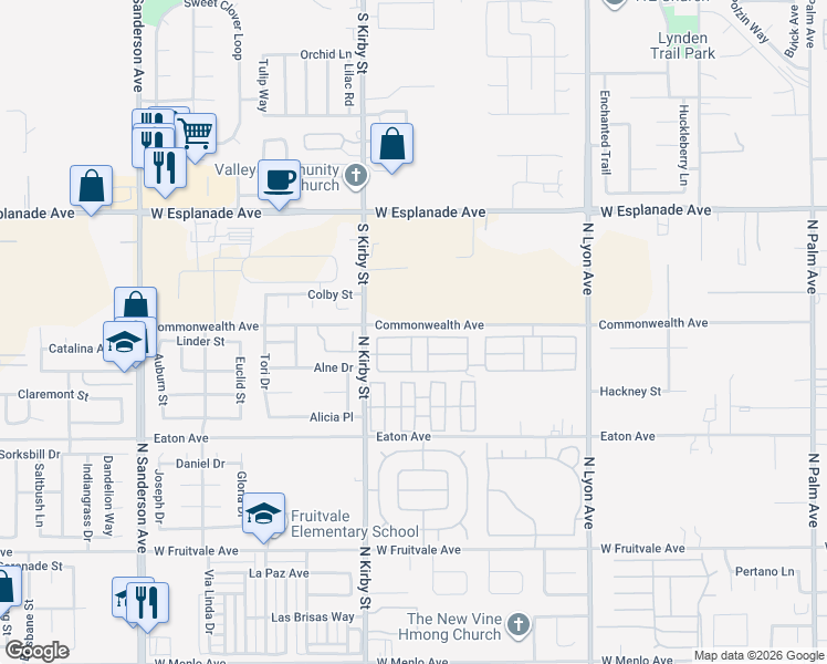 map of restaurants, bars, coffee shops, grocery stores, and more near Commonwealth Avenue in Hemet