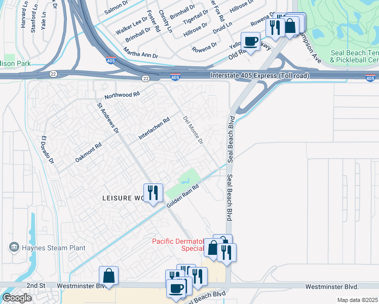 map of restaurants, bars, coffee shops, grocery stores, and more near 1731 Sunningdale Road in Seal Beach