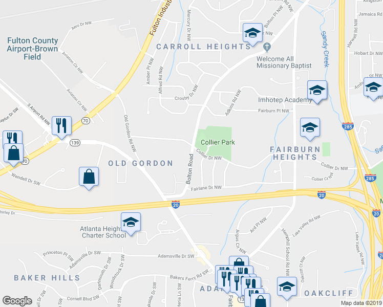 map of restaurants, bars, coffee shops, grocery stores, and more near 530 Bolton Road in Atlanta