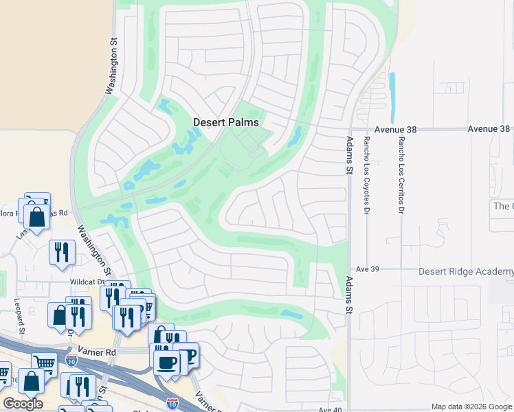map of restaurants, bars, coffee shops, grocery stores, and more near 38462 Fallbrook Avenue in Palm Desert