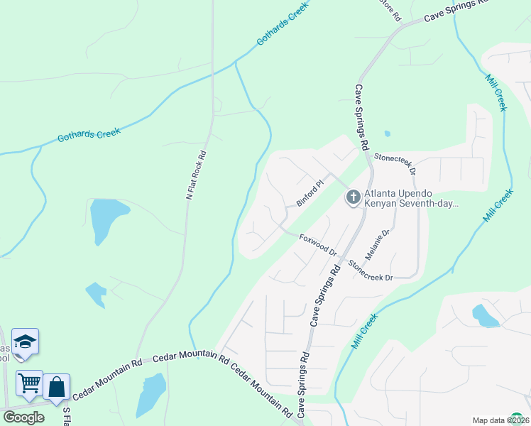 map of restaurants, bars, coffee shops, grocery stores, and more near 1195 Foxwood Drive in Douglasville