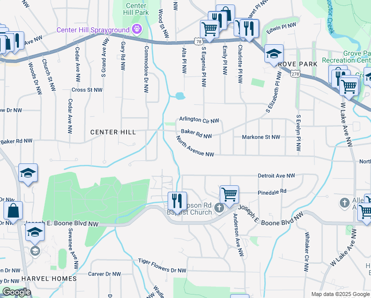 map of restaurants, bars, coffee shops, grocery stores, and more near 2058 North Avenue Northwest in Atlanta