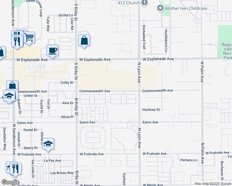 map of restaurants, bars, coffee shops, grocery stores, and more near 1250 North Kirby Street in Hemet