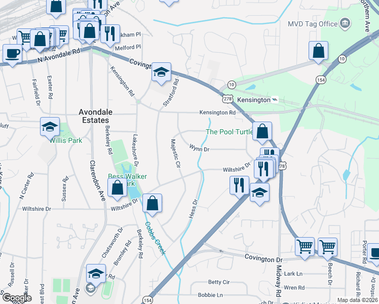 map of restaurants, bars, coffee shops, grocery stores, and more near 3192 Wynn Drive in Avondale Estates