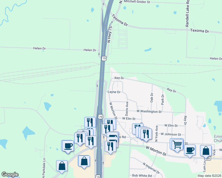 map of restaurants, bars, coffee shops, grocery stores, and more near 1232 Carla Drive in Denison