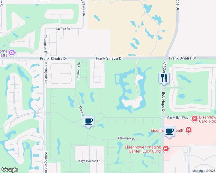 map of restaurants, bars, coffee shops, grocery stores, and more near 130 Columbia Drive in Rancho Mirage
