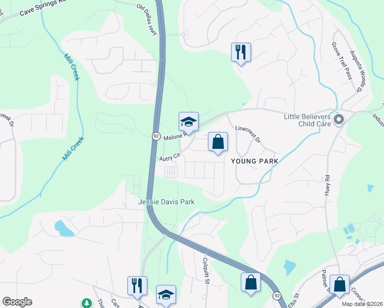 map of restaurants, bars, coffee shops, grocery stores, and more near 6467 Snowbird Lane in Douglasville