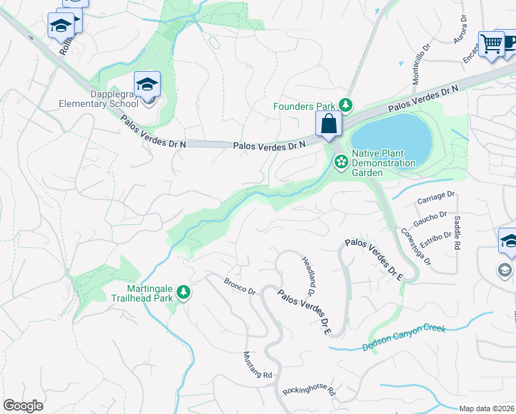 map of restaurants, bars, coffee shops, grocery stores, and more near 55 Cayuse Lane in Rancho Palos Verdes