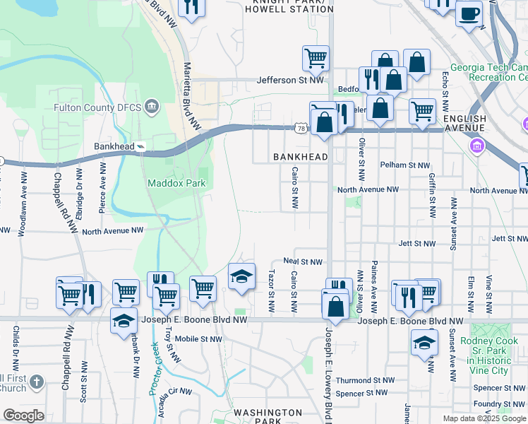 map of restaurants, bars, coffee shops, grocery stores, and more near North Avenue Northwest in Atlanta
