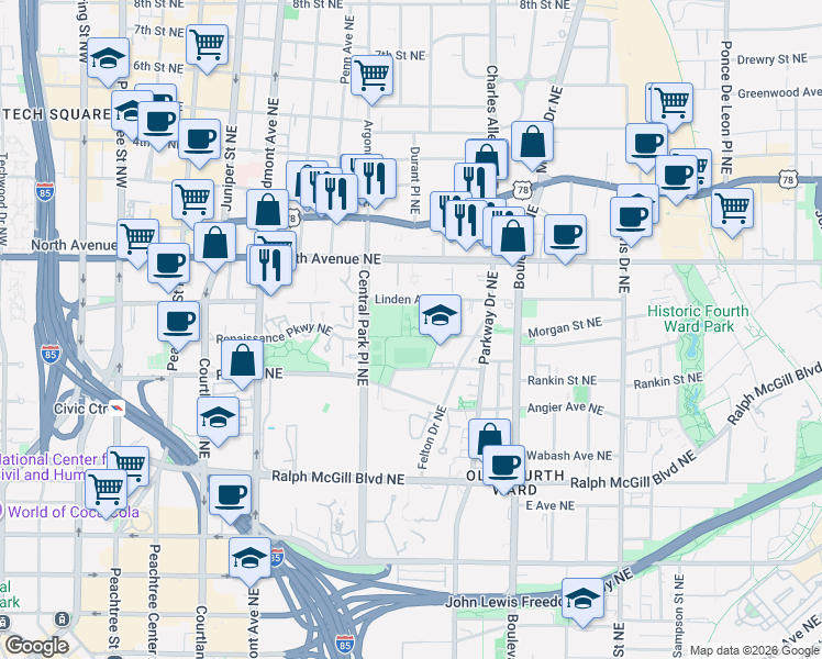 map of restaurants, bars, coffee shops, grocery stores, and more near 301 Linden Avenue Northeast in Atlanta