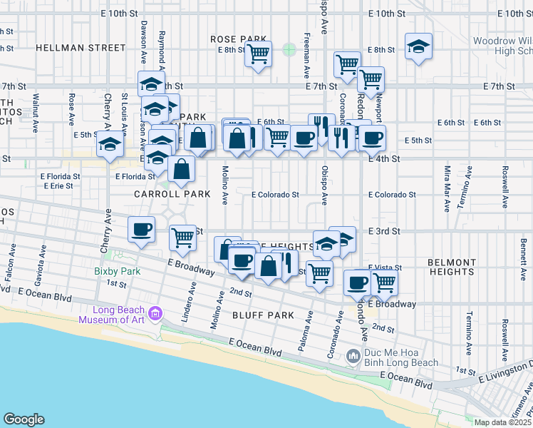 map of restaurants, bars, coffee shops, grocery stores, and more near 337 Gladys Avenue in Long Beach