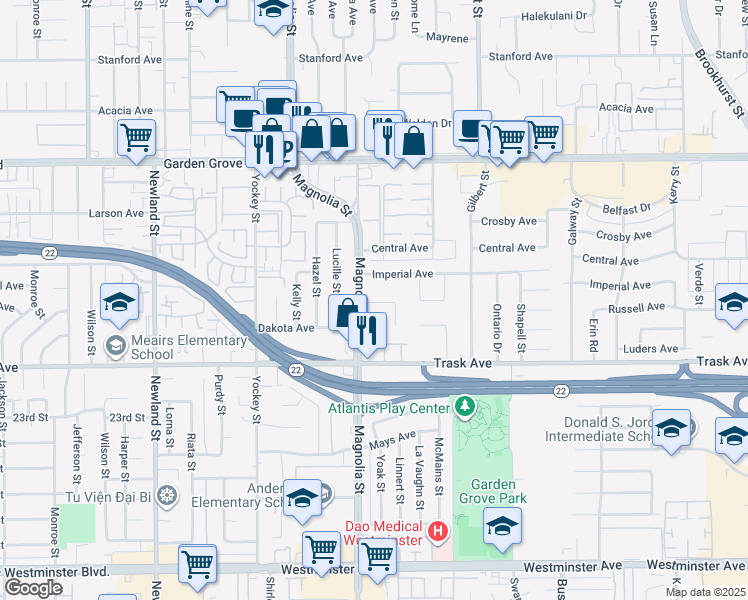 map of restaurants, bars, coffee shops, grocery stores, and more near 9031 Bestel Avenue in Garden Grove