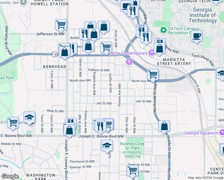 map of restaurants, bars, coffee shops, grocery stores, and more near 541 Griffin Street Northwest in Atlanta