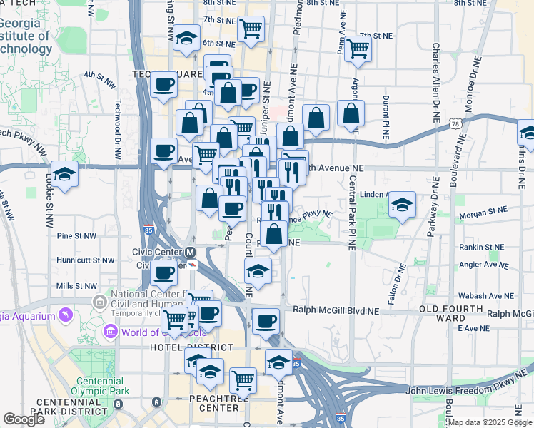 map of restaurants, bars, coffee shops, grocery stores, and more near 126 Renaissance Parkway Northeast in Atlanta
