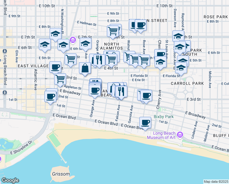 map of restaurants, bars, coffee shops, grocery stores, and more near 1335 East Appleton Street in Long Beach