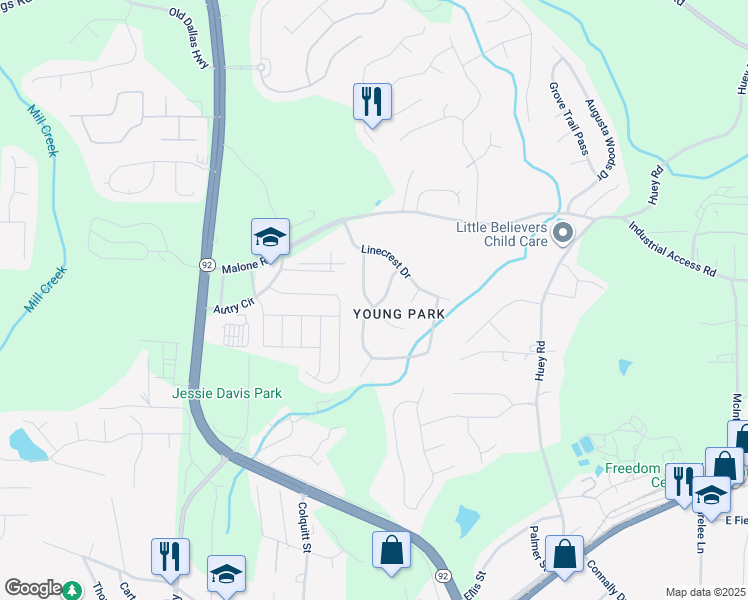map of restaurants, bars, coffee shops, grocery stores, and more near 7662 Oakvale Drive in Douglasville