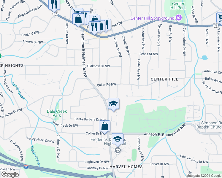map of restaurants, bars, coffee shops, grocery stores, and more near 2662 Hood Avenue Northwest in Atlanta