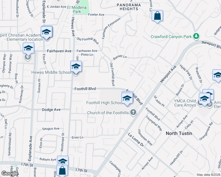 map of restaurants, bars, coffee shops, grocery stores, and more near 19061 Foothill Boulevard in North Tustin