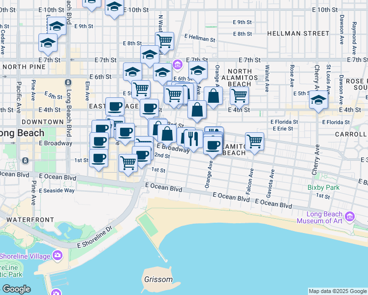 map of restaurants, bars, coffee shops, grocery stores, and more near 1043 East Broadway in Long Beach