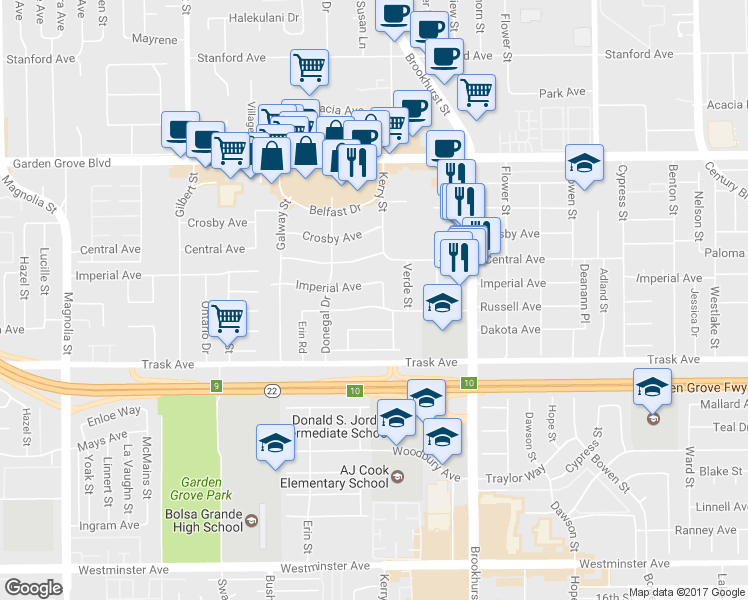 map of restaurants, bars, coffee shops, grocery stores, and more near 13302 Kerry Street in Garden Grove