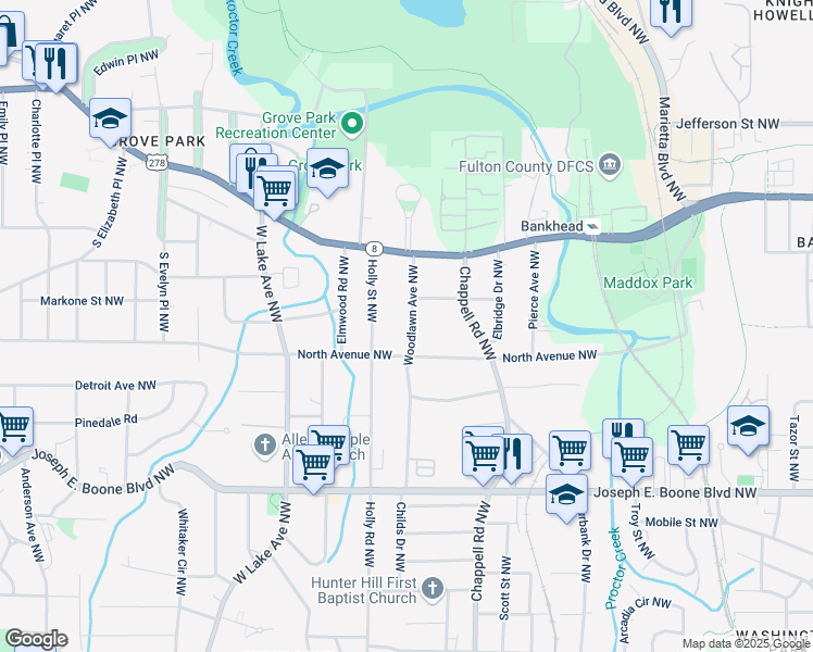 map of restaurants, bars, coffee shops, grocery stores, and more near 510 Woodlawn Avenue Northwest in Atlanta