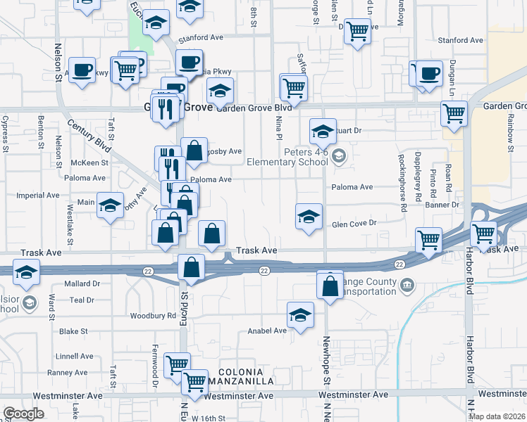 map of restaurants, bars, coffee shops, grocery stores, and more near 13336 Sandra Place in Garden Grove